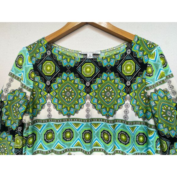 Maggy London Womens Geo Midi Shift Dress Size 12 Green Blue 3/4 Sleeve Work Boho - Picture 4 of 12